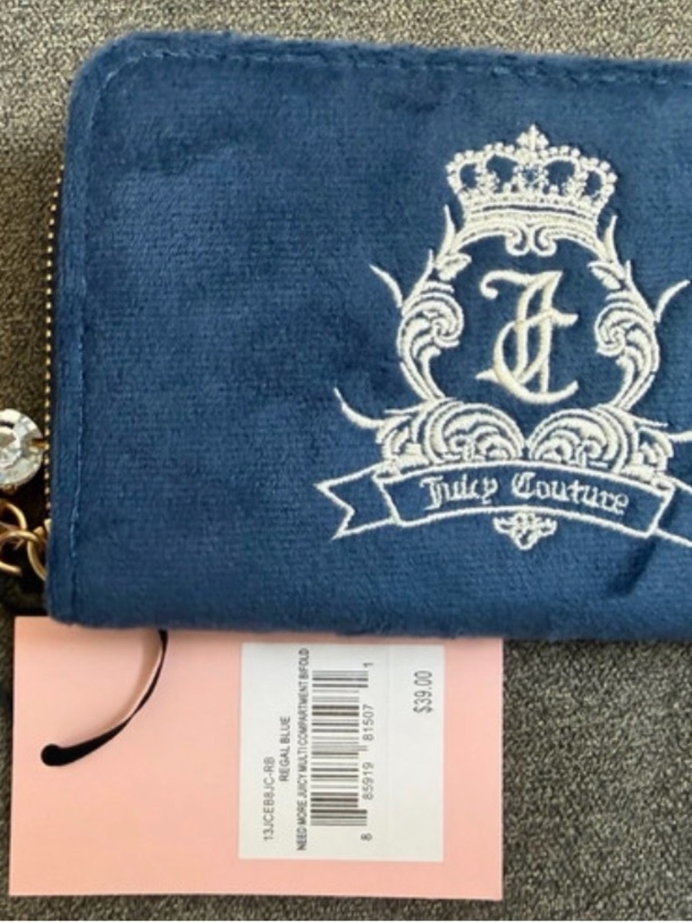 Juicy Couture Navy Velvet Zip-Around Wallet with Embroidered Crest